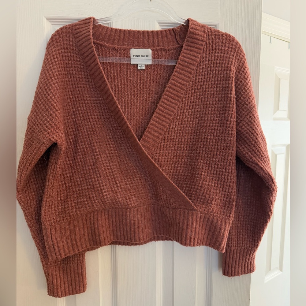 Rose/Coral Colored Wrap-Front Sweater 🌺🩷